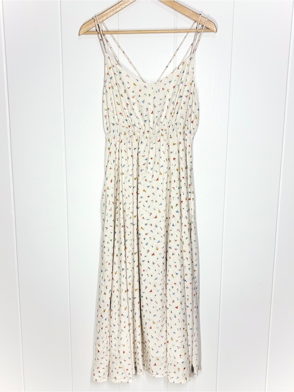 Outerknown La Luna Cami Open Back Midi Floral Dress Size Medium Cream/White